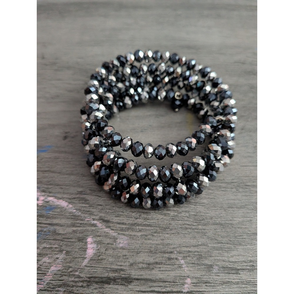 Black and Silver Faceted Glass Bead Multi Wrap Memory Wire Bracelet